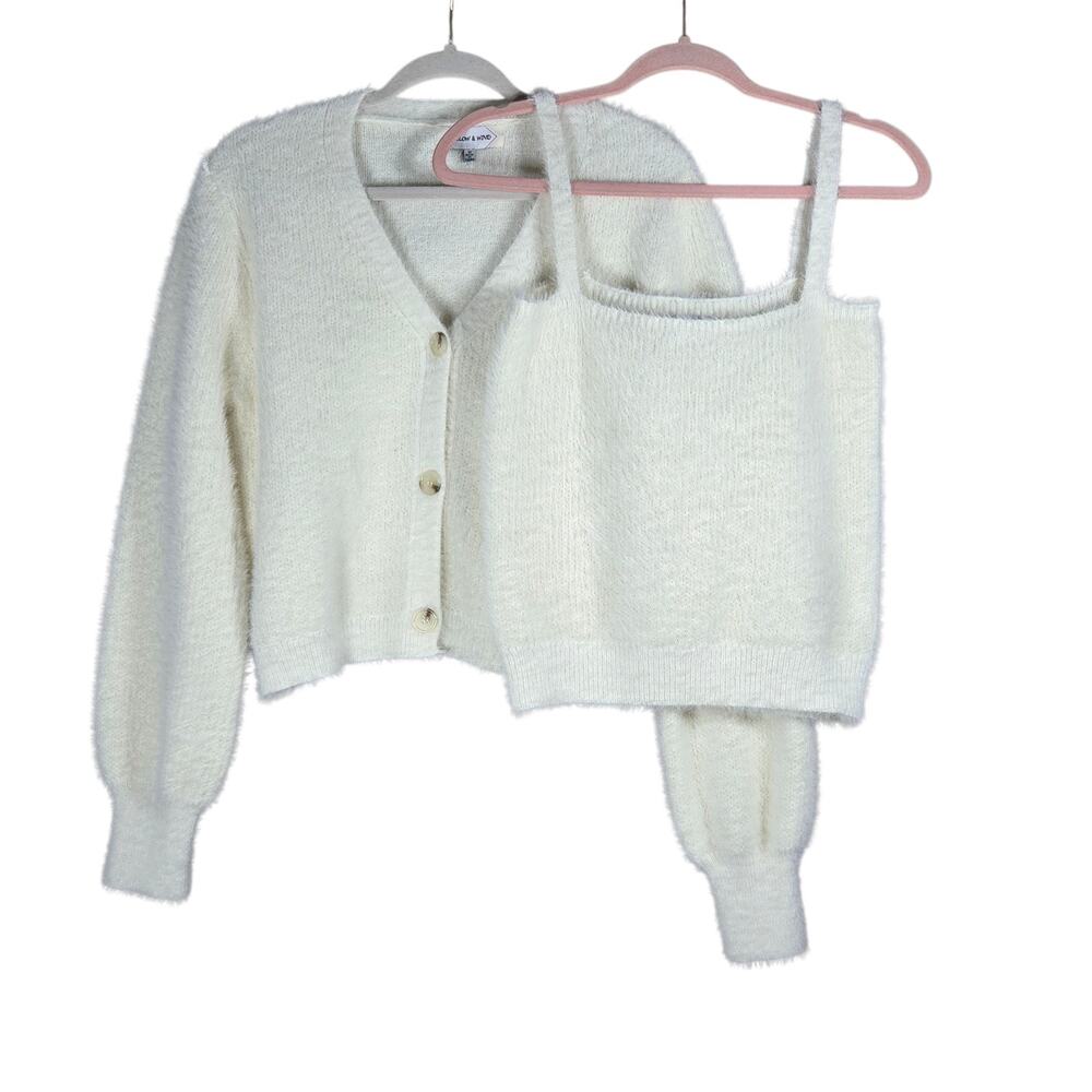 Willow & Wind Sweater Tank‎ Set Womens Medium Ivory Fuzzy Cardigan Knit Soft Top